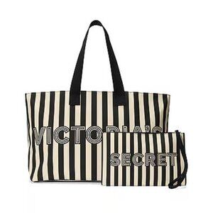 NWT Victoria's Secret Graphic Stripe Tote & Wristlet Pouch Set